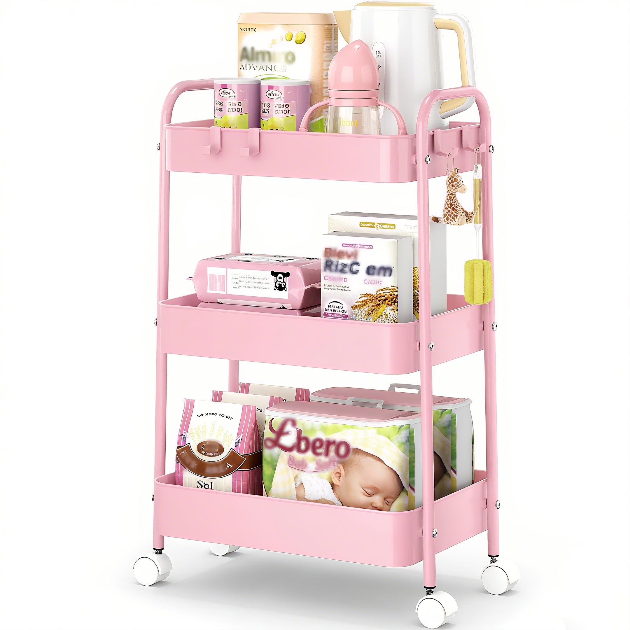 Baby Nursery Basket - 3 Tier Metal Rolling Cart With