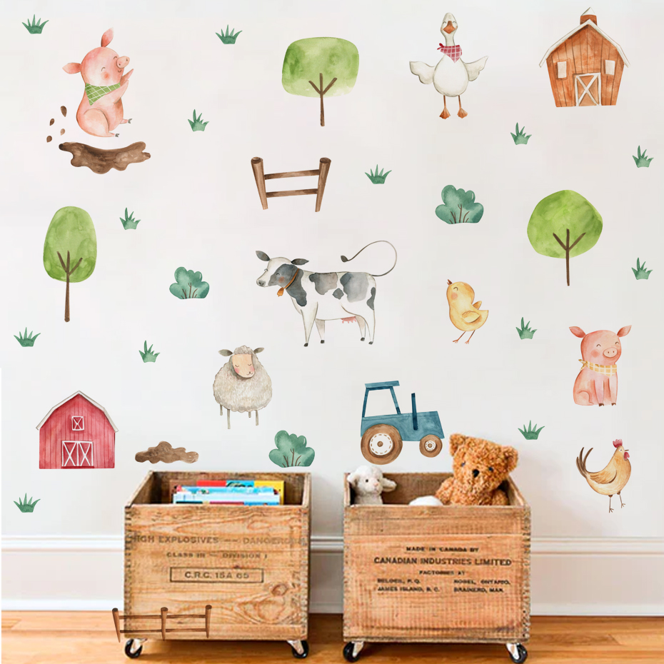 Baby Nursery Stickers - Boho Watercolor Cute Farm Animals Pig