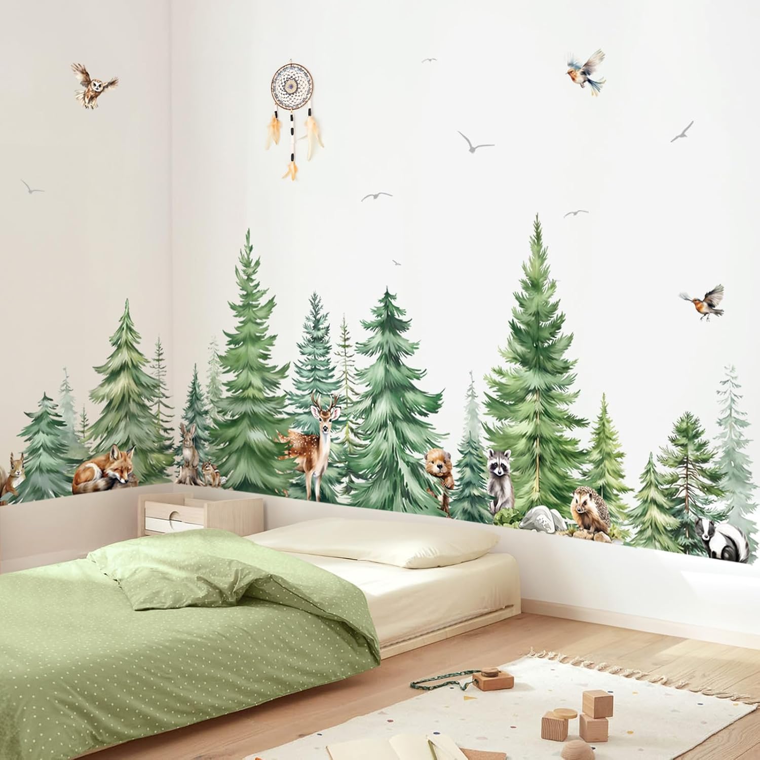 Baby Nursery Stickers - Large Watercolor Pine Tree Animals Wall