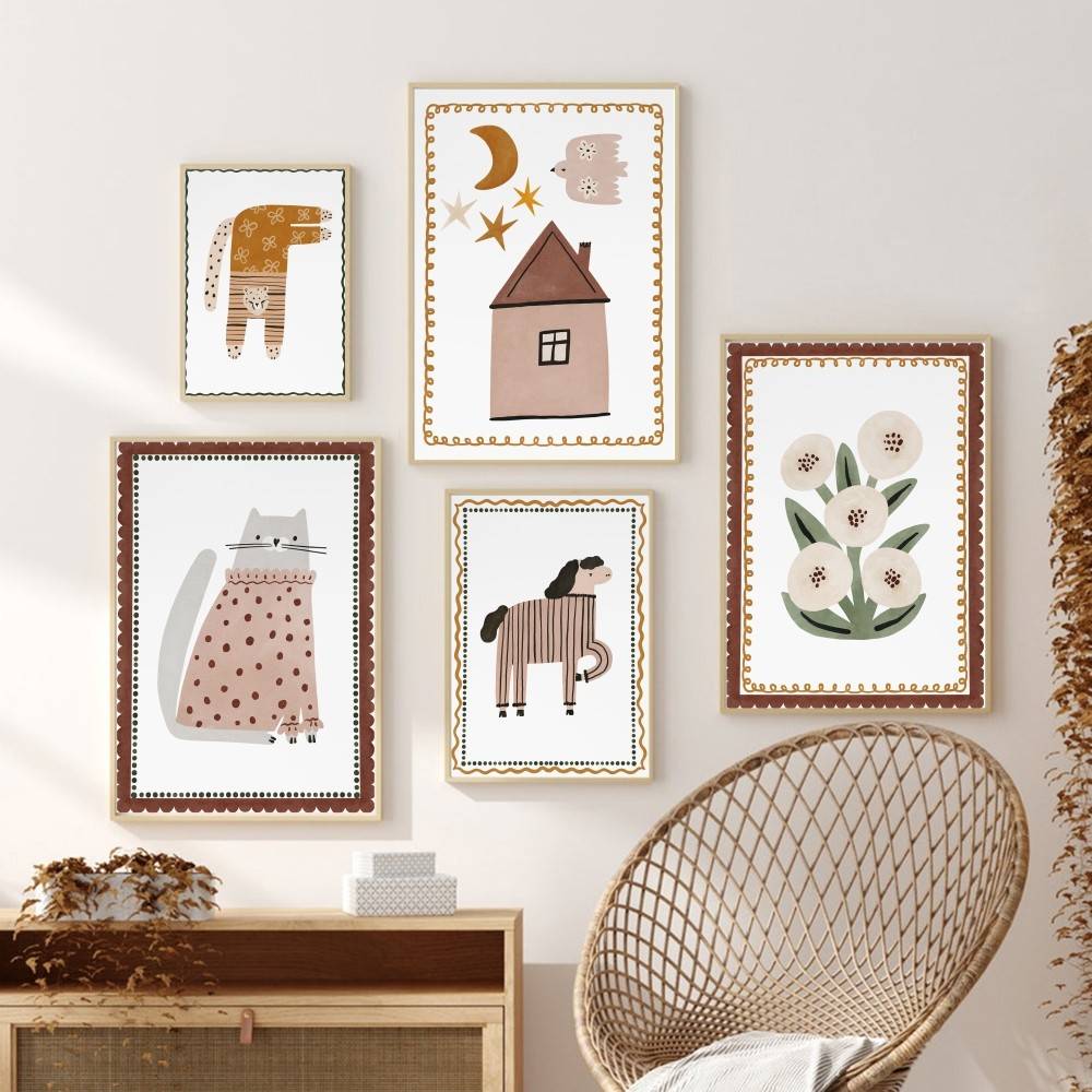 Baby Nursery Wallpaper Neutral - Neutral Boho Kids Poster Cute Cat