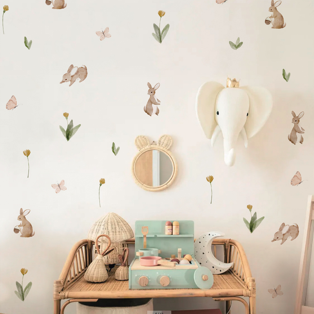 Baby Nursery Stickers - Summertime Watercolor Cute Bunnies and Flowers