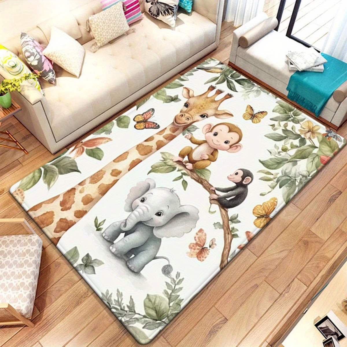 Watercolor Animal Jungle Print - Baby Nursery Jungle Rug 评论和价格
