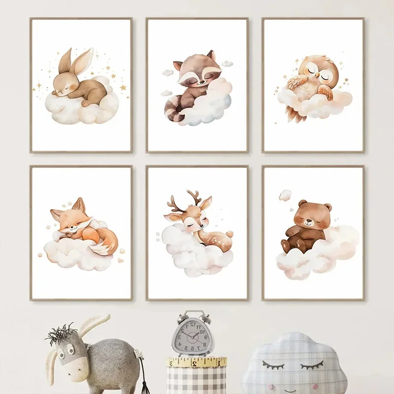 Cartoon Cloud Animal Canvas Pa - Baby Nursery Frames 评论和价格