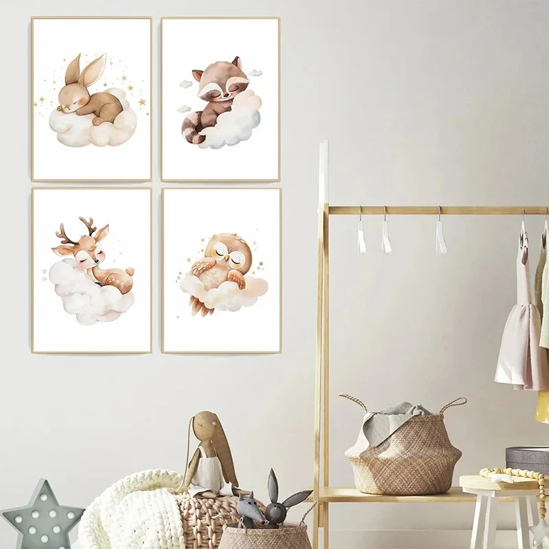 Cartoon Cloud Animal Canvas Pa - Baby Nursery Frames 评论和价格