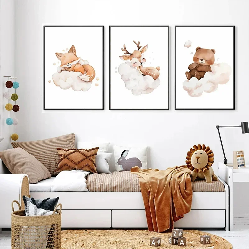 Cartoon Cloud Animal Canvas Pa - Baby Nursery Frames 评论和价格