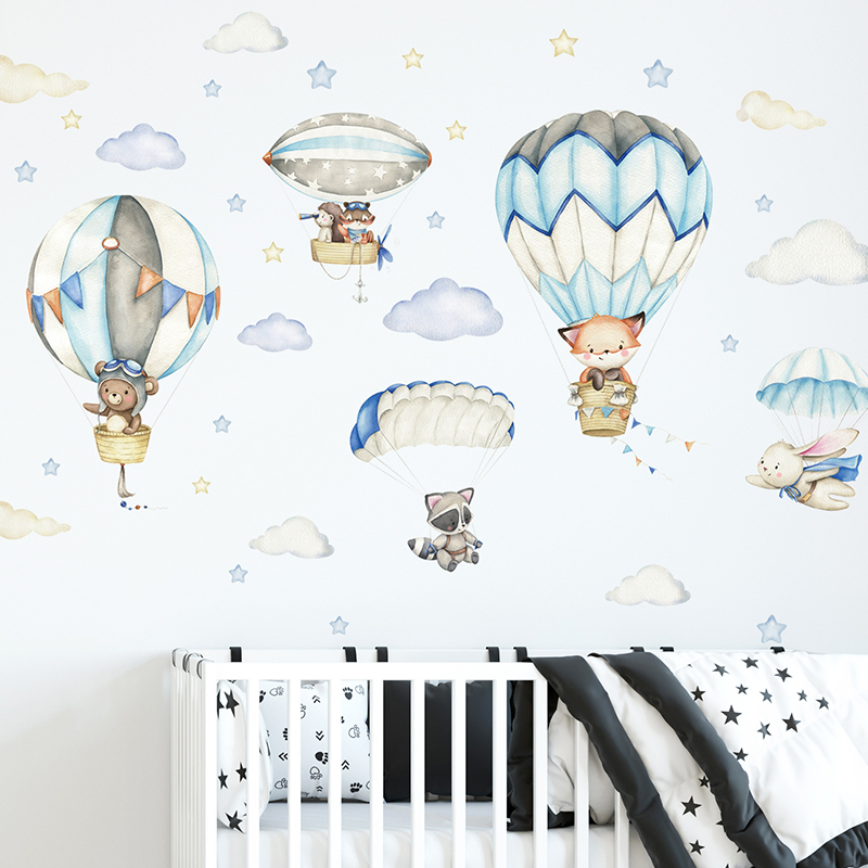 Cartoon Cute Animals Hot Air B - Baby Nursery Stickers 评论和价格