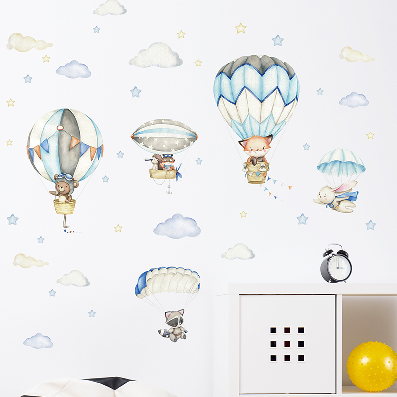Cartoon Cute Animals Hot Air B - Baby Nursery Stickers 评论和价格