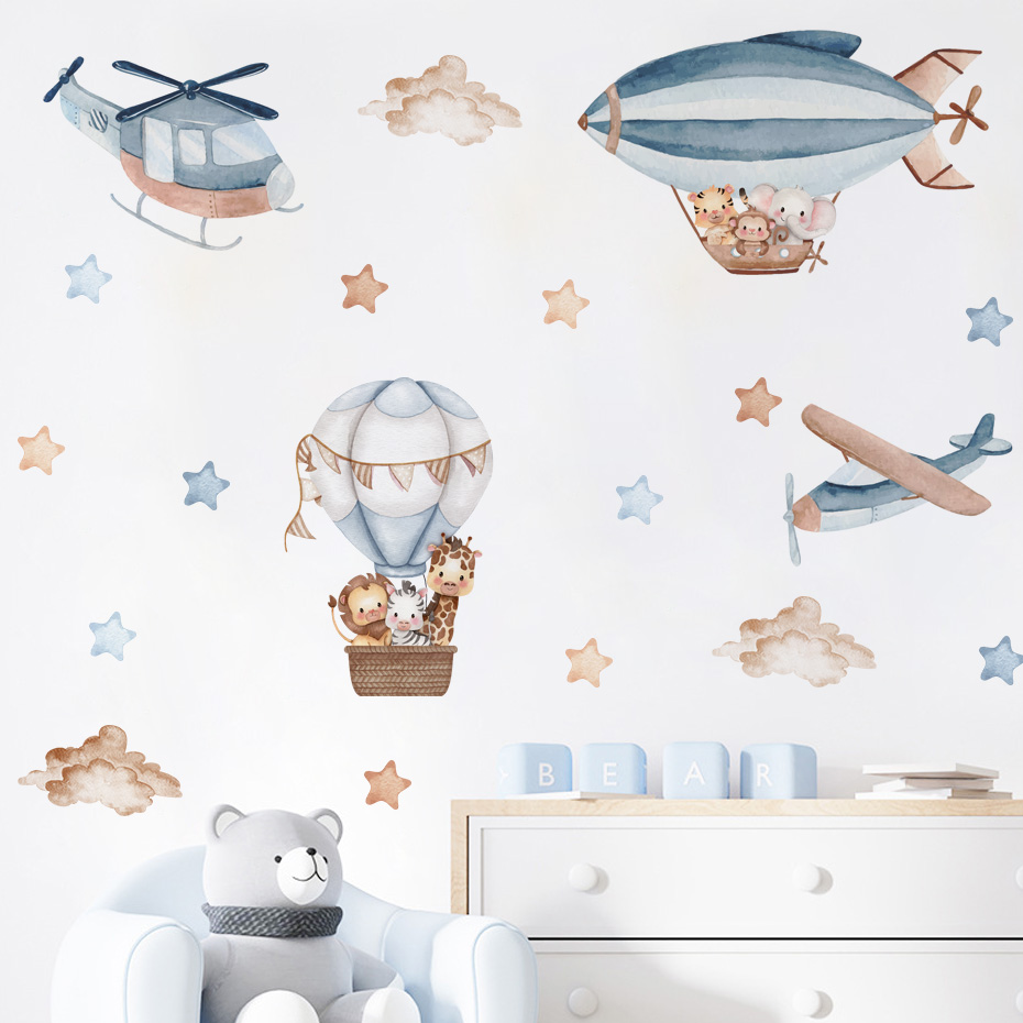 Watercolor Animals Hot Air Bal - Baby Nursery Stickers 评论和价格