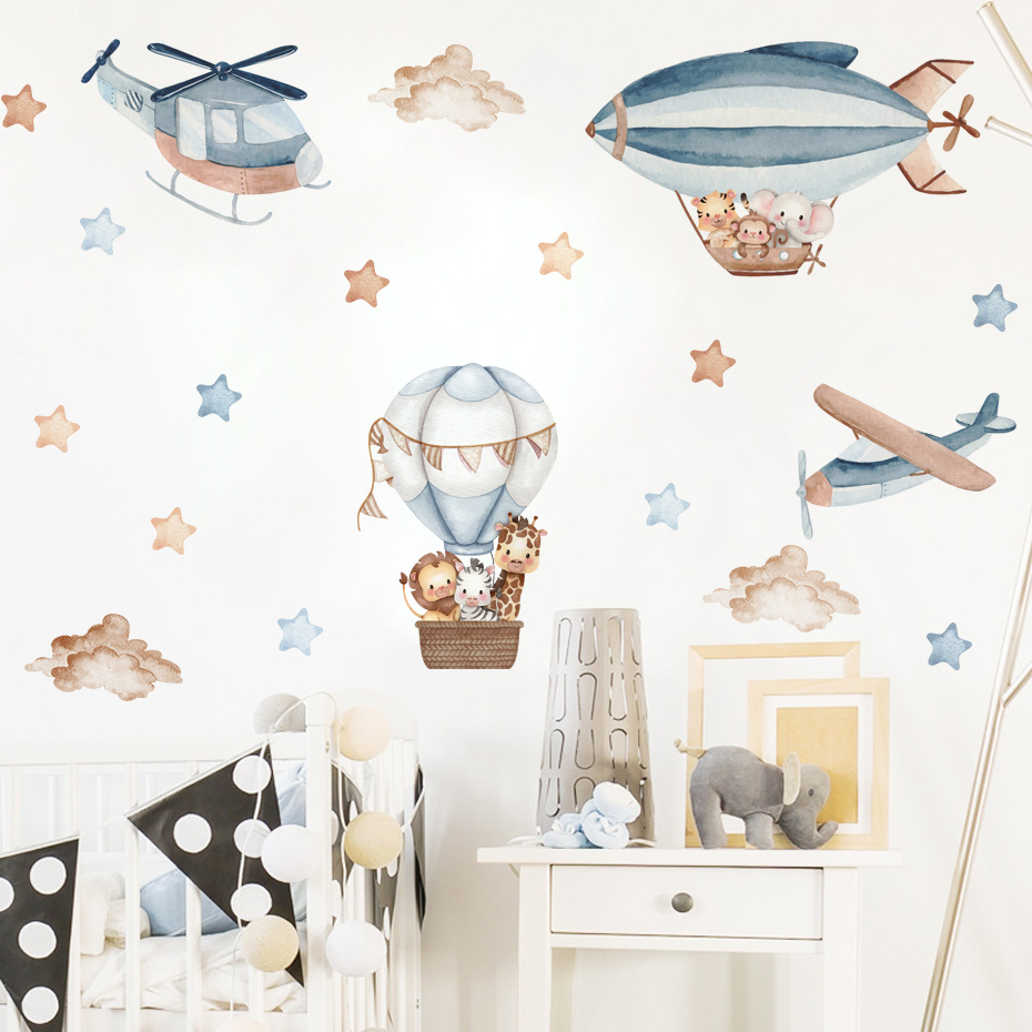 Watercolor Animals Hot Air Bal - Baby Nursery Stickers 评论和价格