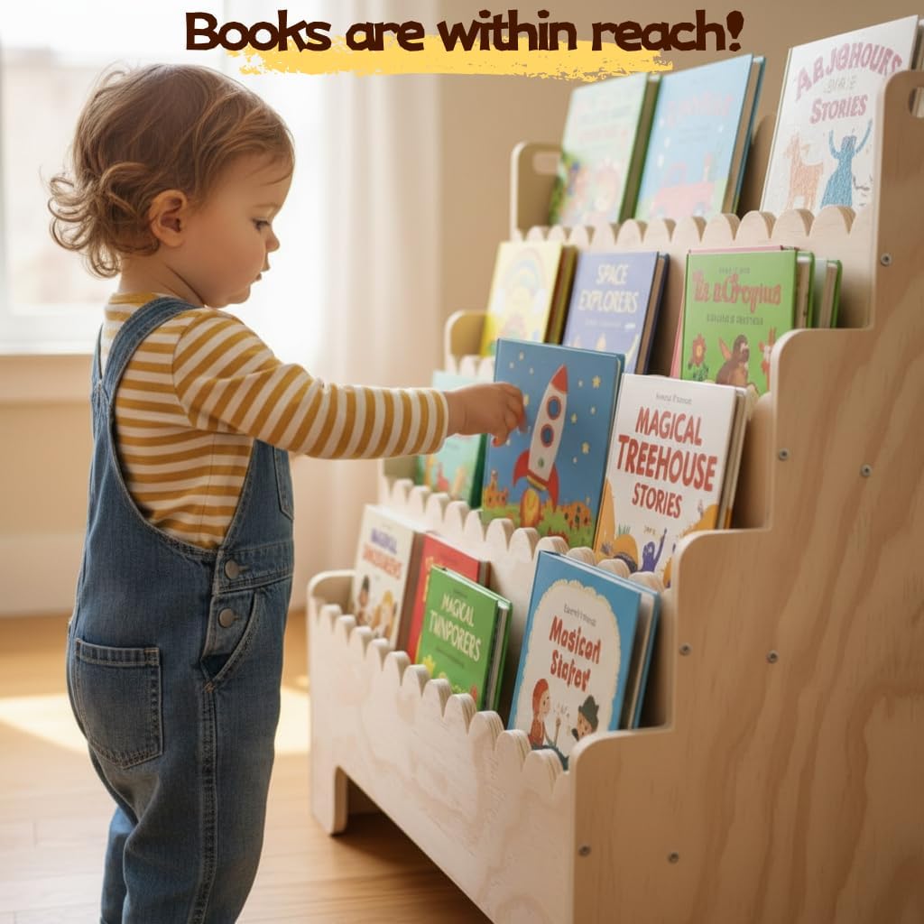 Kids Bookshelf 4-Tier, Natural - Baby Nursery Books 评论和价格