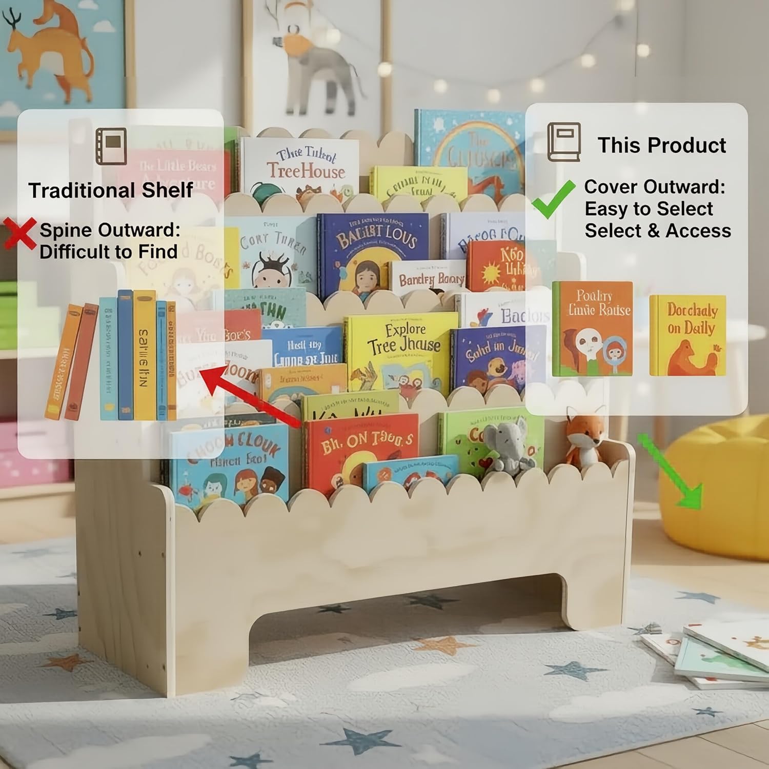 Kids Bookshelf 4-Tier, Natural - Baby Nursery Books 评论和价格