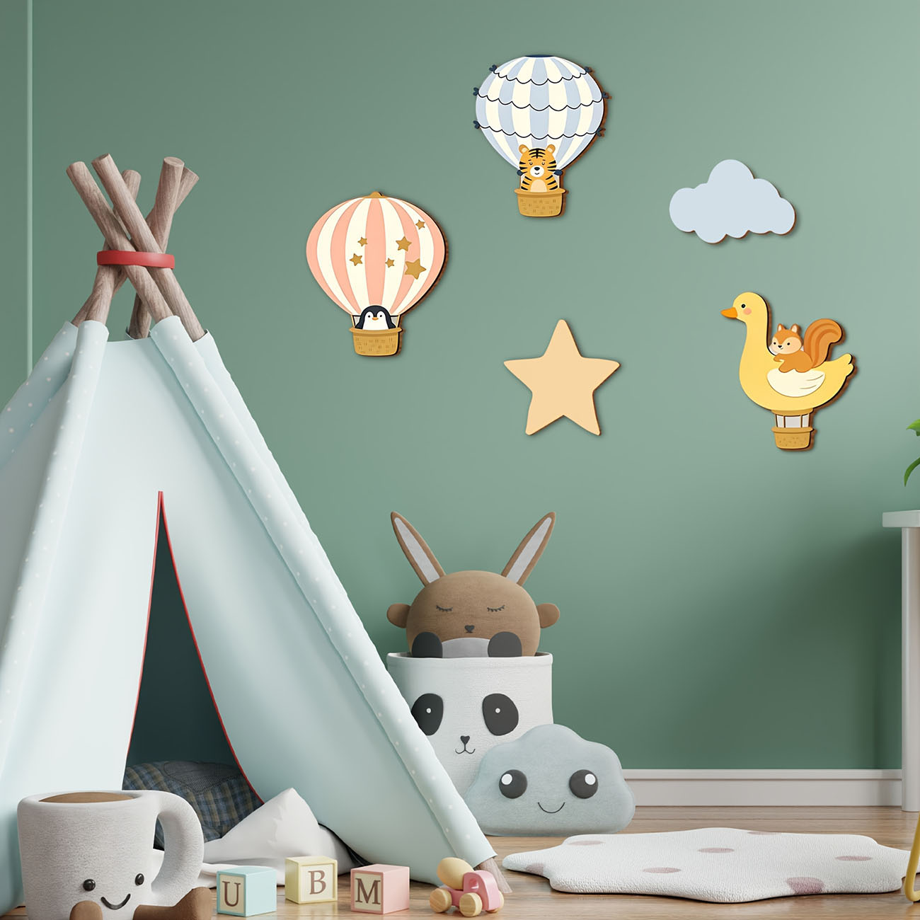 5Pcs Animal Hot Air Balloon Wo - Baby Nursery Stickers 评论和价格